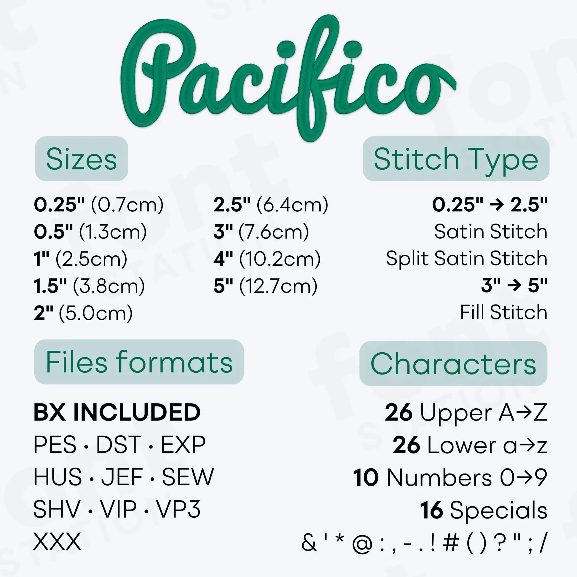 Image showing the different files formats, sizes, stitch type and available characters of the Pacifico Embroidery Font by FontStation