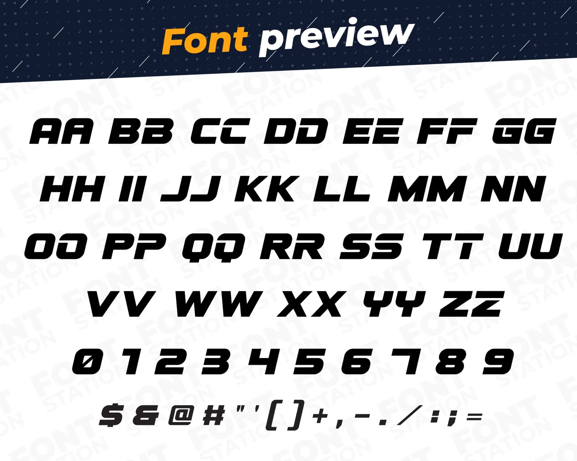 Image showing all characters available in the Racing Car font created by FontStation.