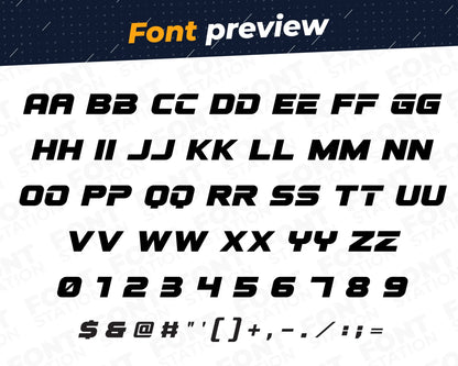Image showing all characters available in the Racing Car font created by FontStation.