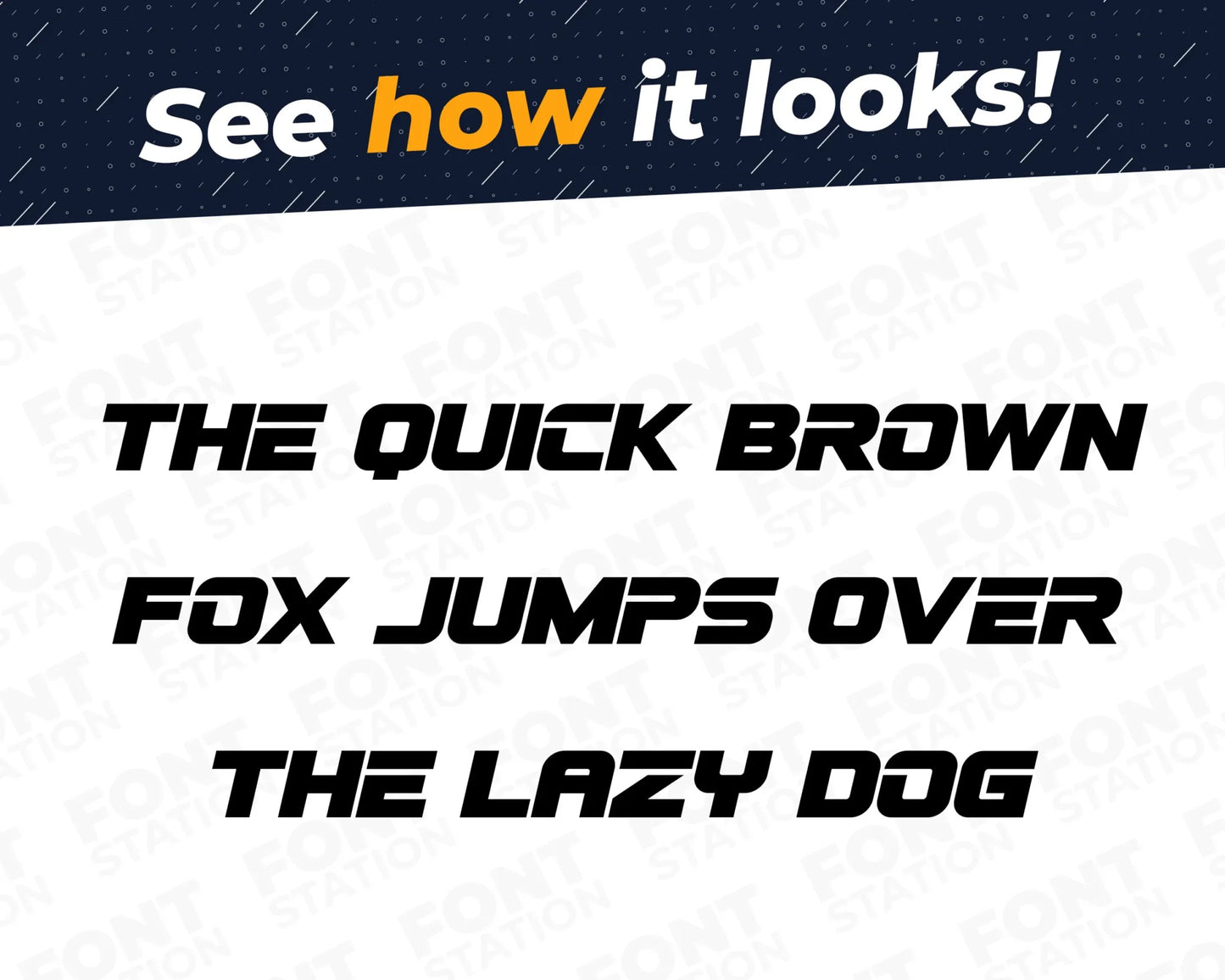 A complete showcase image of the Racing Car font, featuring the text 'The quick brown fox jumps over the lazy dog' to display every letter of the alphabet.