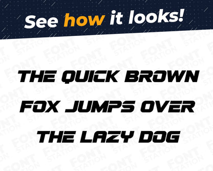 A complete showcase image of the Racing Car font, featuring the text 'The quick brown fox jumps over the lazy dog' to display every letter of the alphabet.