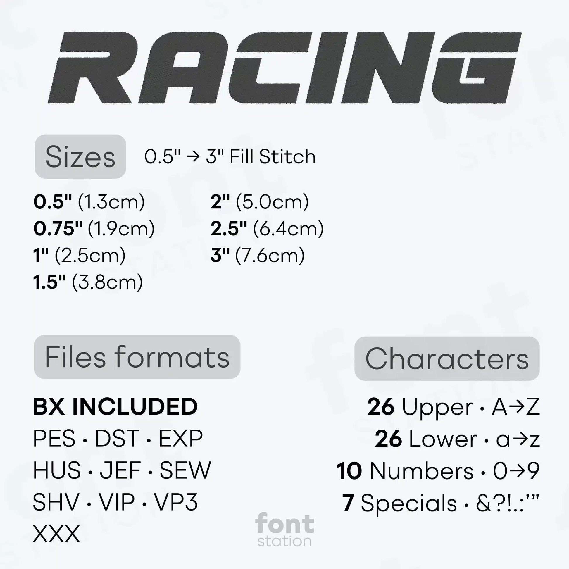 Image showing the different files formats, sizes, stitch type and available characters of the Racing Embroidery Font by FontStation