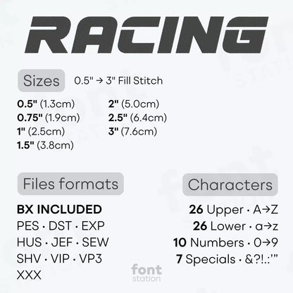 Image showing the different files formats, sizes, stitch type and available characters of the Racing Embroidery Font by FontStation