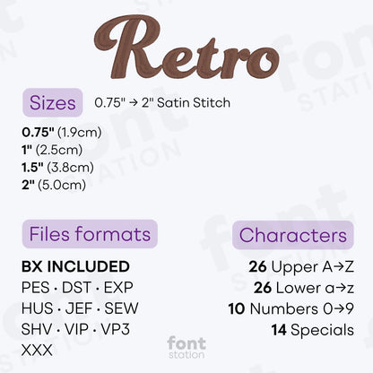 Image showing the different files formats, sizes, stitch type and available characters of the Retro Embroidery Font by FontStation