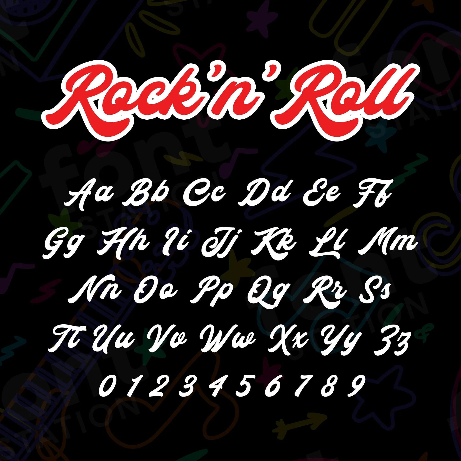 Image showing all characters available in the Rock N Roll font created by FontStation.