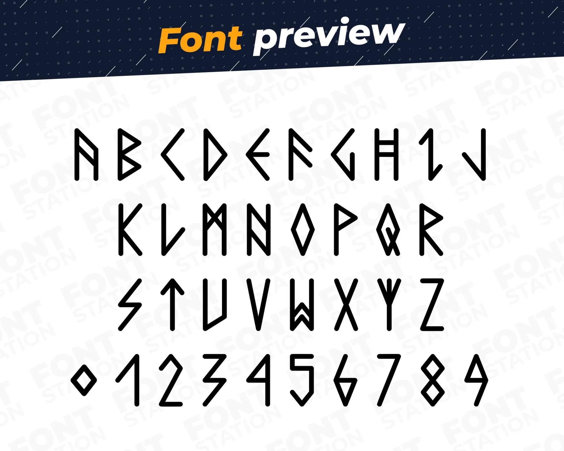 Image showing all characters available in the Runic Style font created by FontStation.