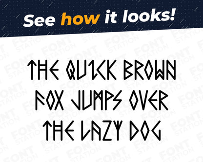 A complete showcase image of the Runic Style font, featuring the text 'The quick brown fox jumps over the lazy dog' to display every letter of the alphabet.