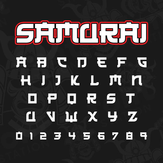 Image showing all characters available in the Samurai font created by FontStation.