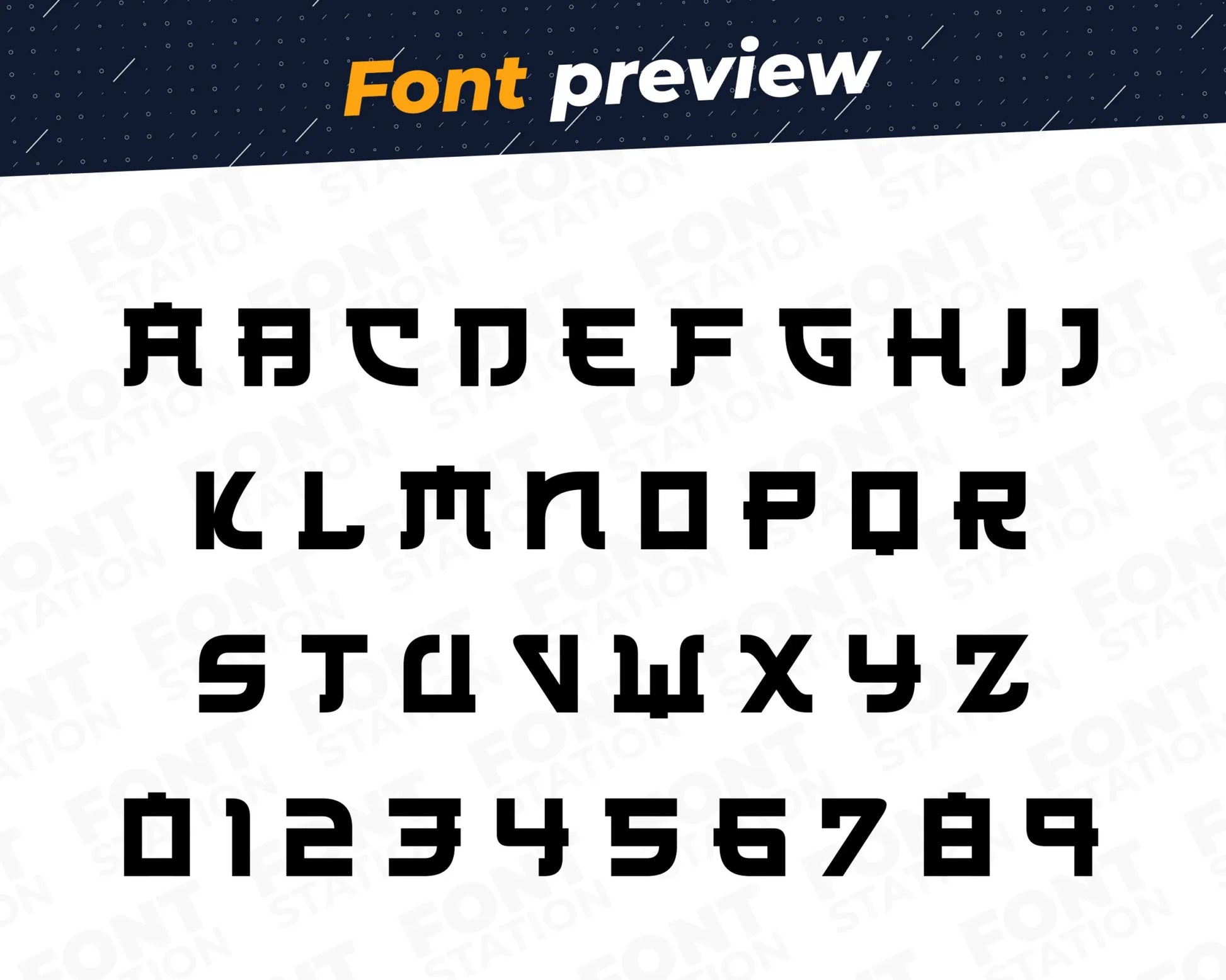 Image showing all characters available in the Samurai font created by FontStation.
