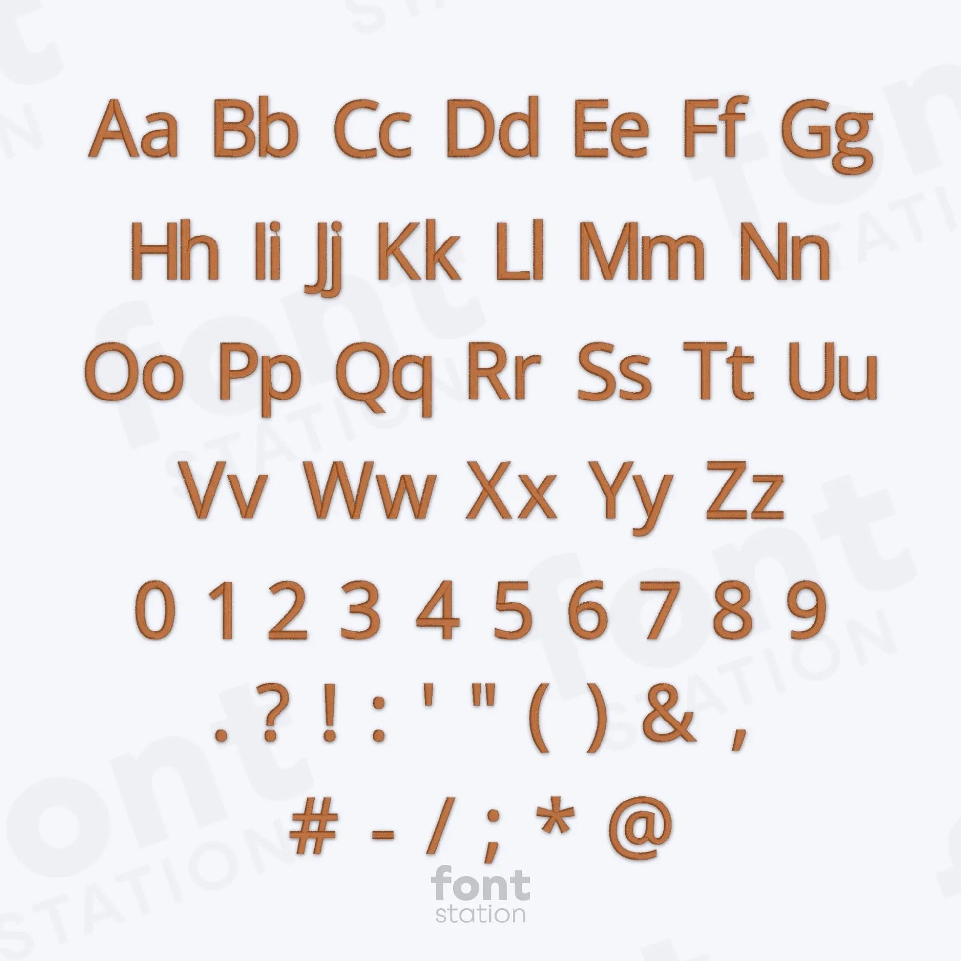 Alphabet, numbers and special characters on a white background using the Sans Serif embroidery font by FontStation.