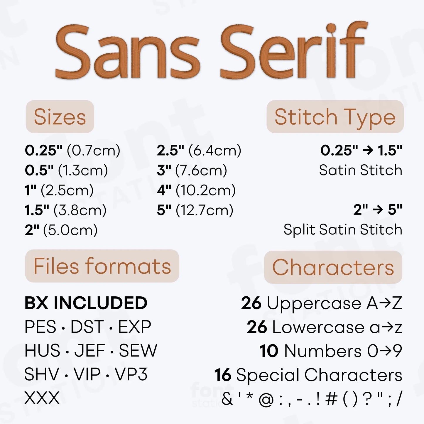 Image showing the different files formats, sizes, stitch type and available characters of the Sans Serif Embroidery Font by FontStation