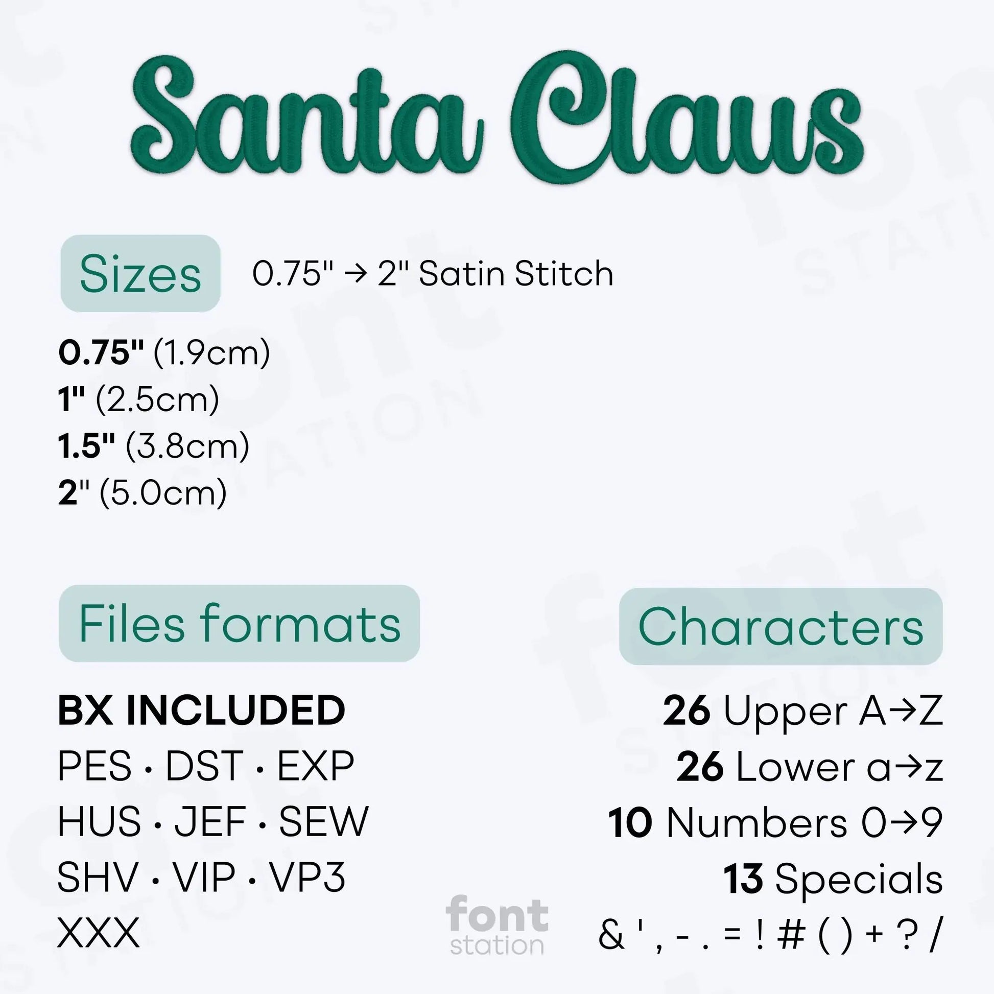 Image showing the different files formats, sizes, stitch type and available characters of the Santa Claus Embroidery Font by FontStation