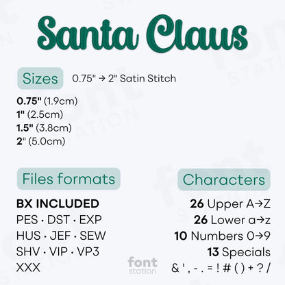 Image showing the different files formats, sizes, stitch type and available characters of the Santa Claus Embroidery Font by FontStation