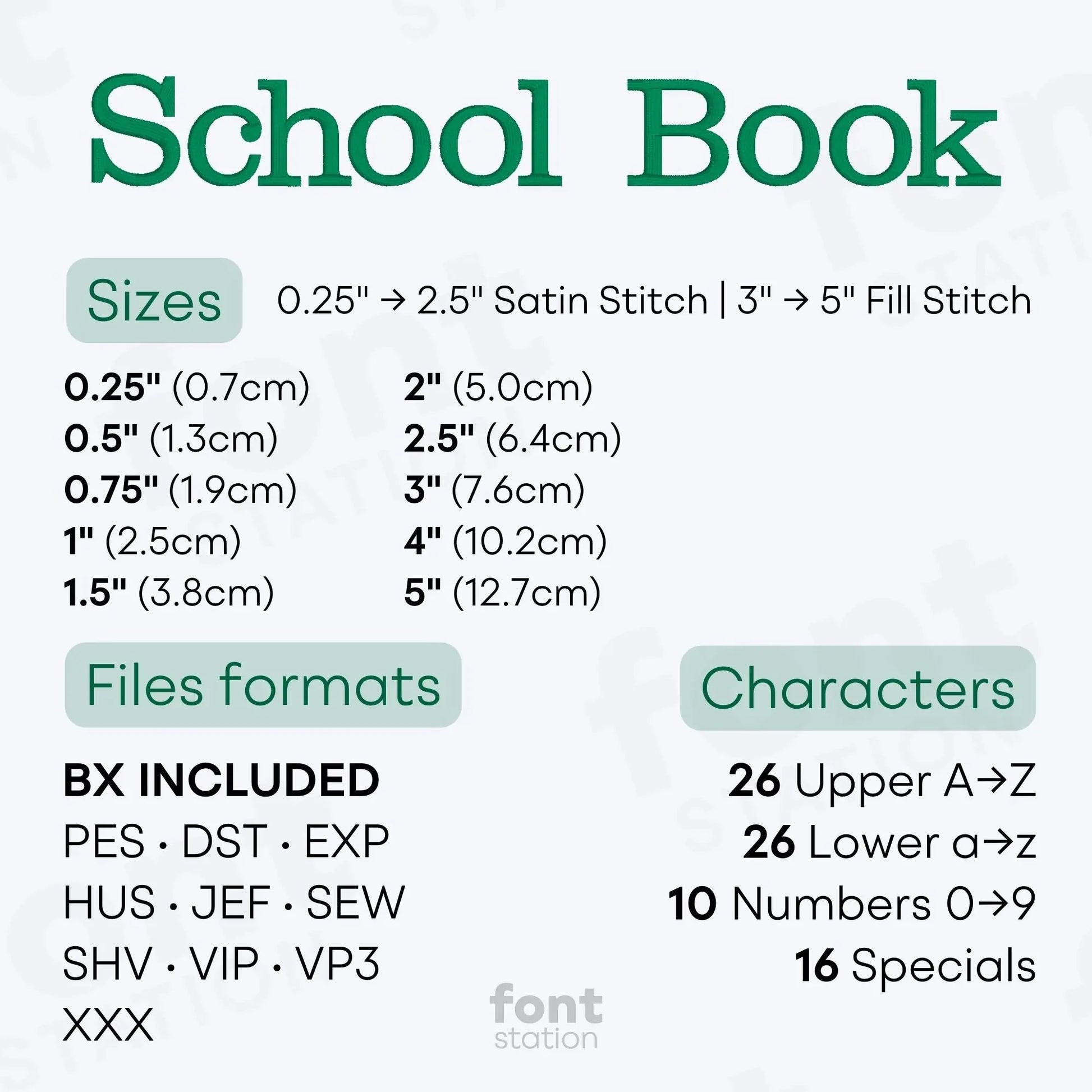 Image showing formats and sizes of the School Book embroidery font created by FontStation