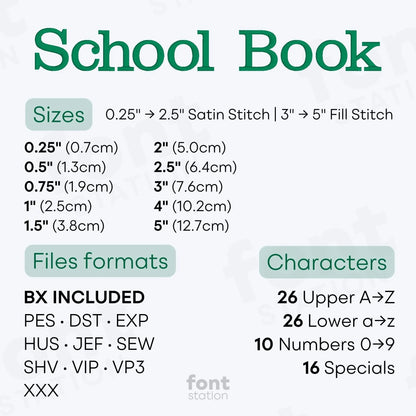 Image showing formats and sizes of the School Book embroidery font created by FontStation