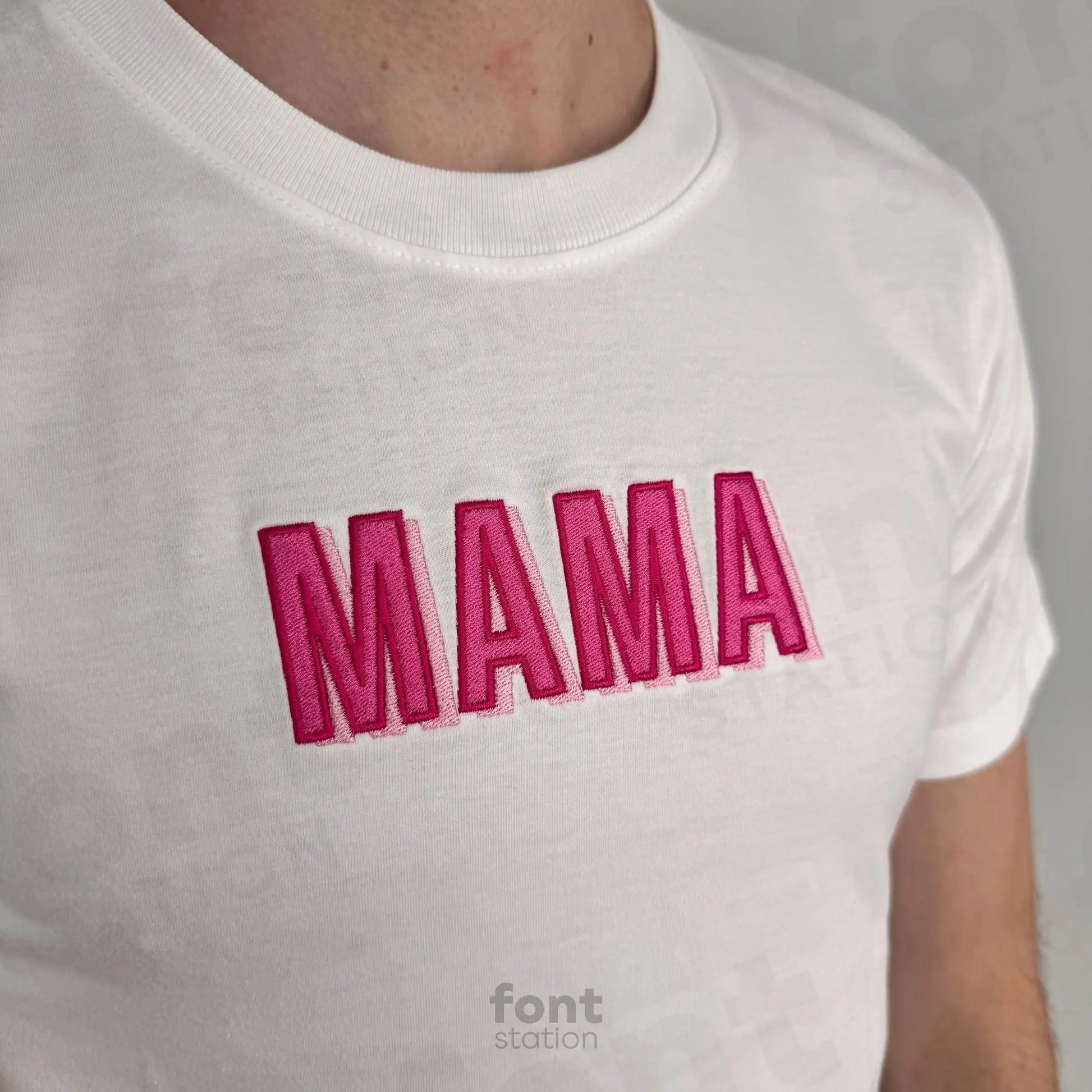 Image showing a word embroidered on textile using the Shadow Block embroidery font created by FontStation