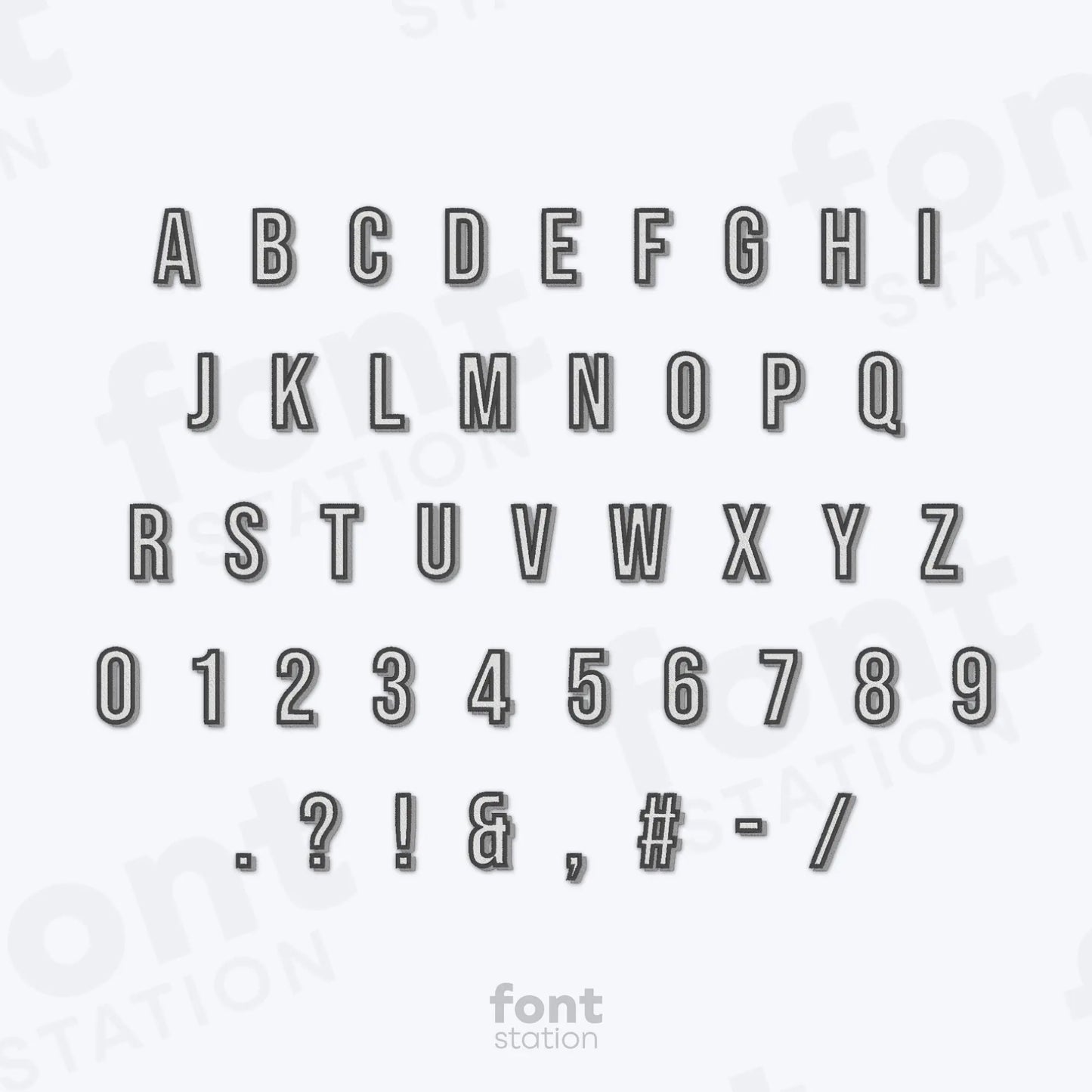 Alphabet, numbers and special characters on a white background using the Shadow Block embroidery font by FontStation.