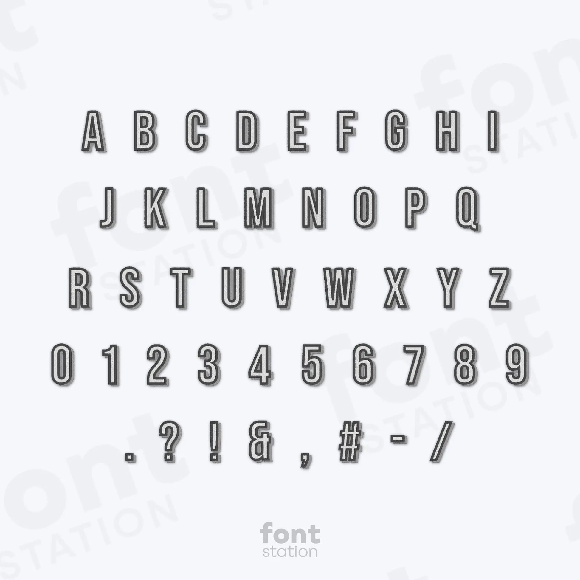 Alphabet, numbers and special characters on a white background using the Shadow Block embroidery font by FontStation.
