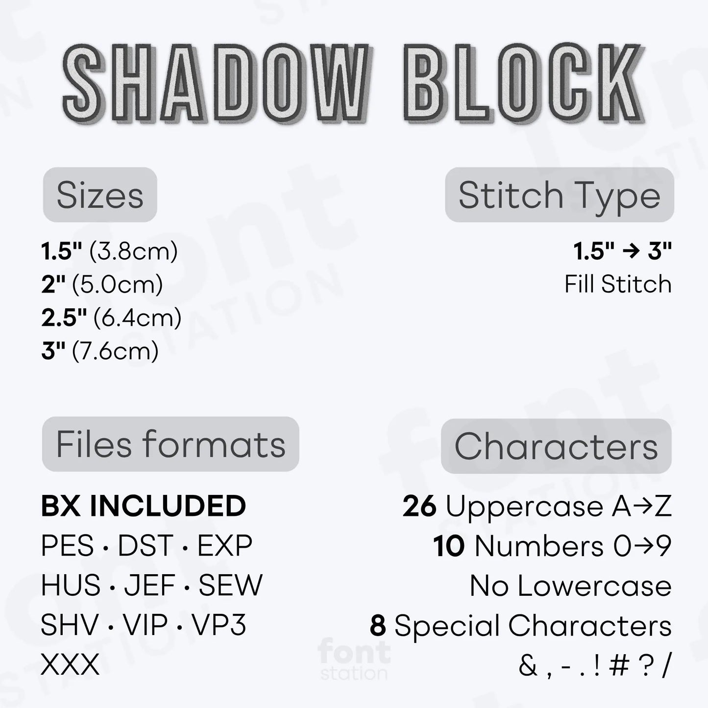 Image showing the different files formats, sizes, stitch type and available characters of the Shadow Block Embroidery Font by FontStation