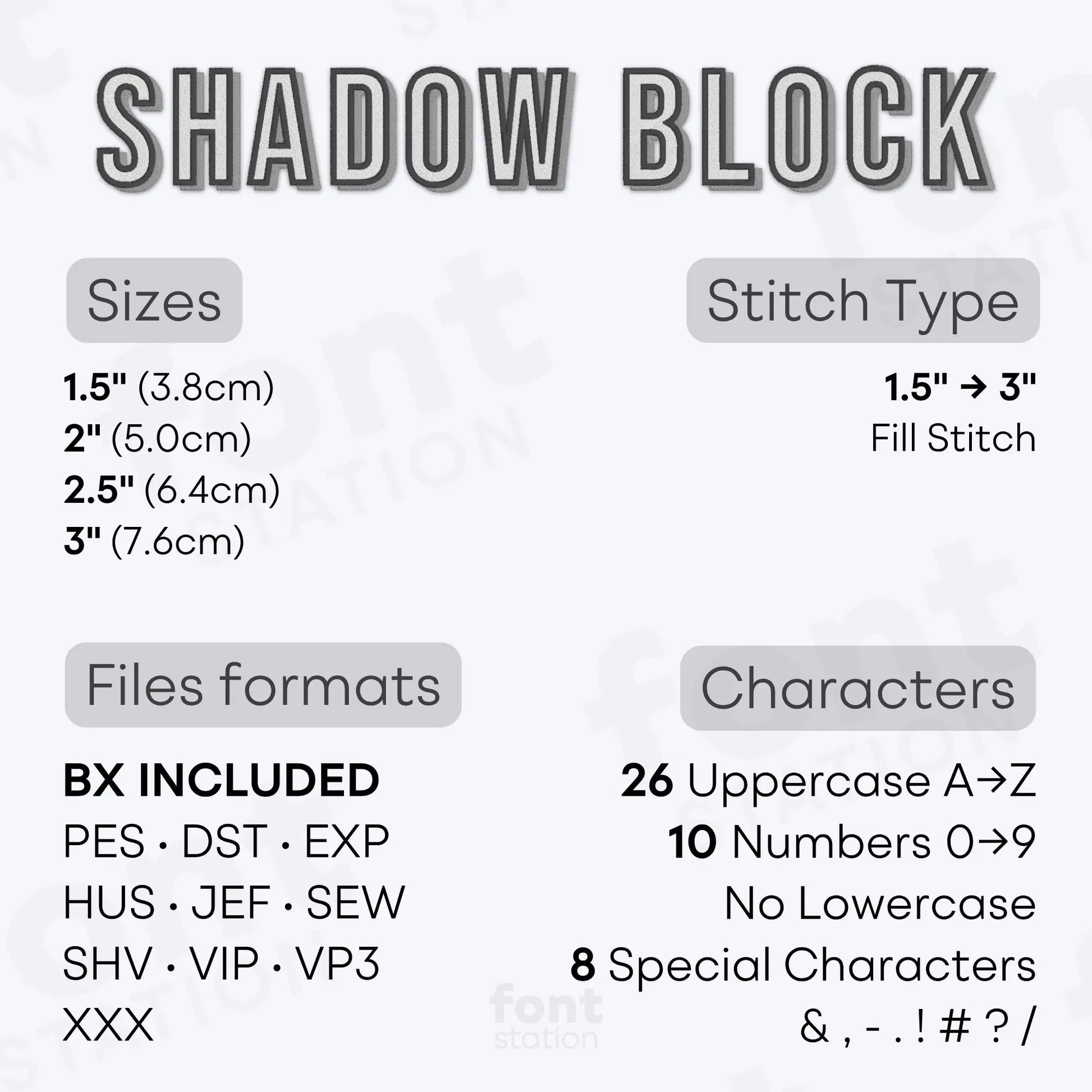 Image showing the different files formats, sizes, stitch type and available characters of the Shadow Block Embroidery Font by FontStation