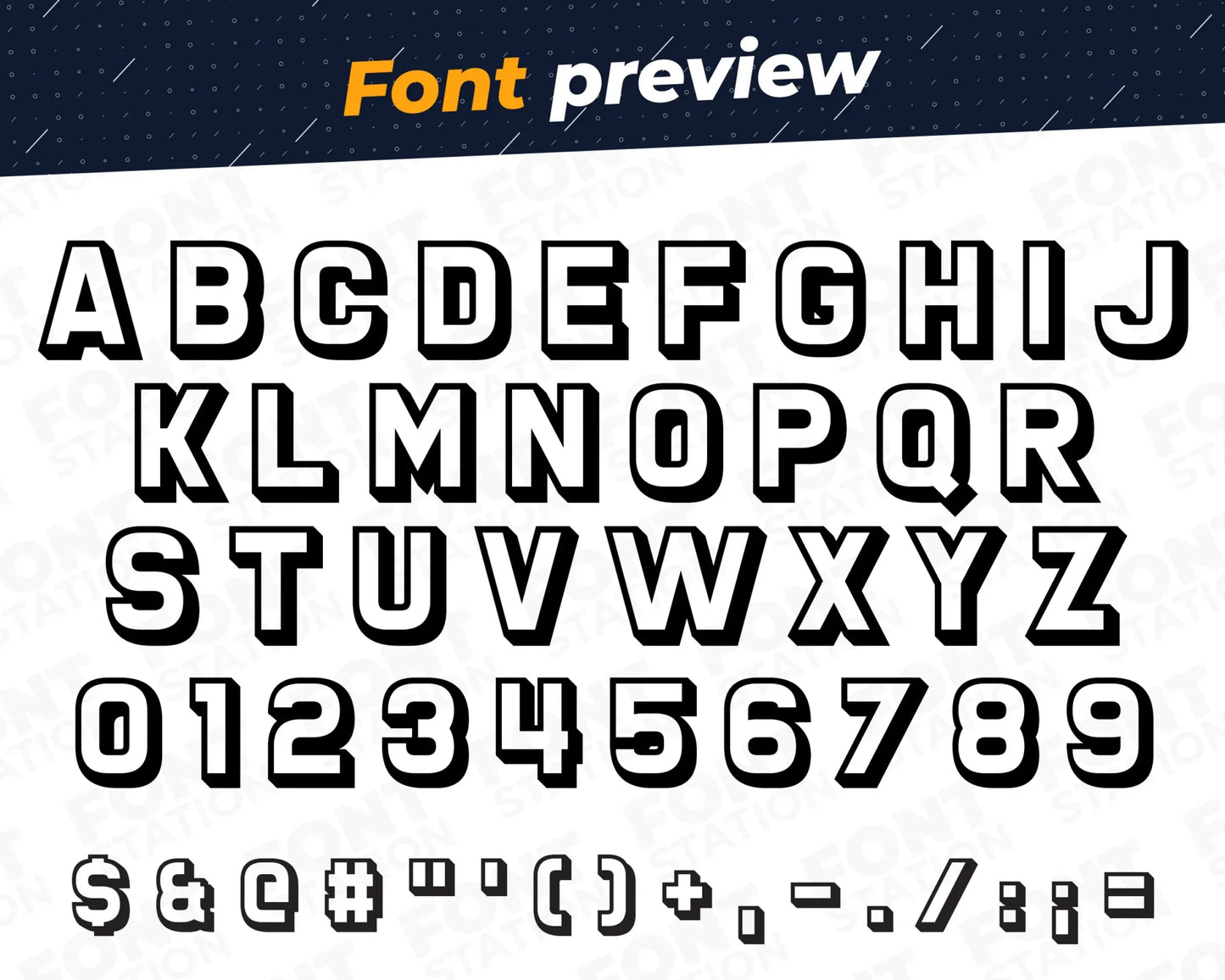 Image showing all characters available in the Shadow font created by FontStation.