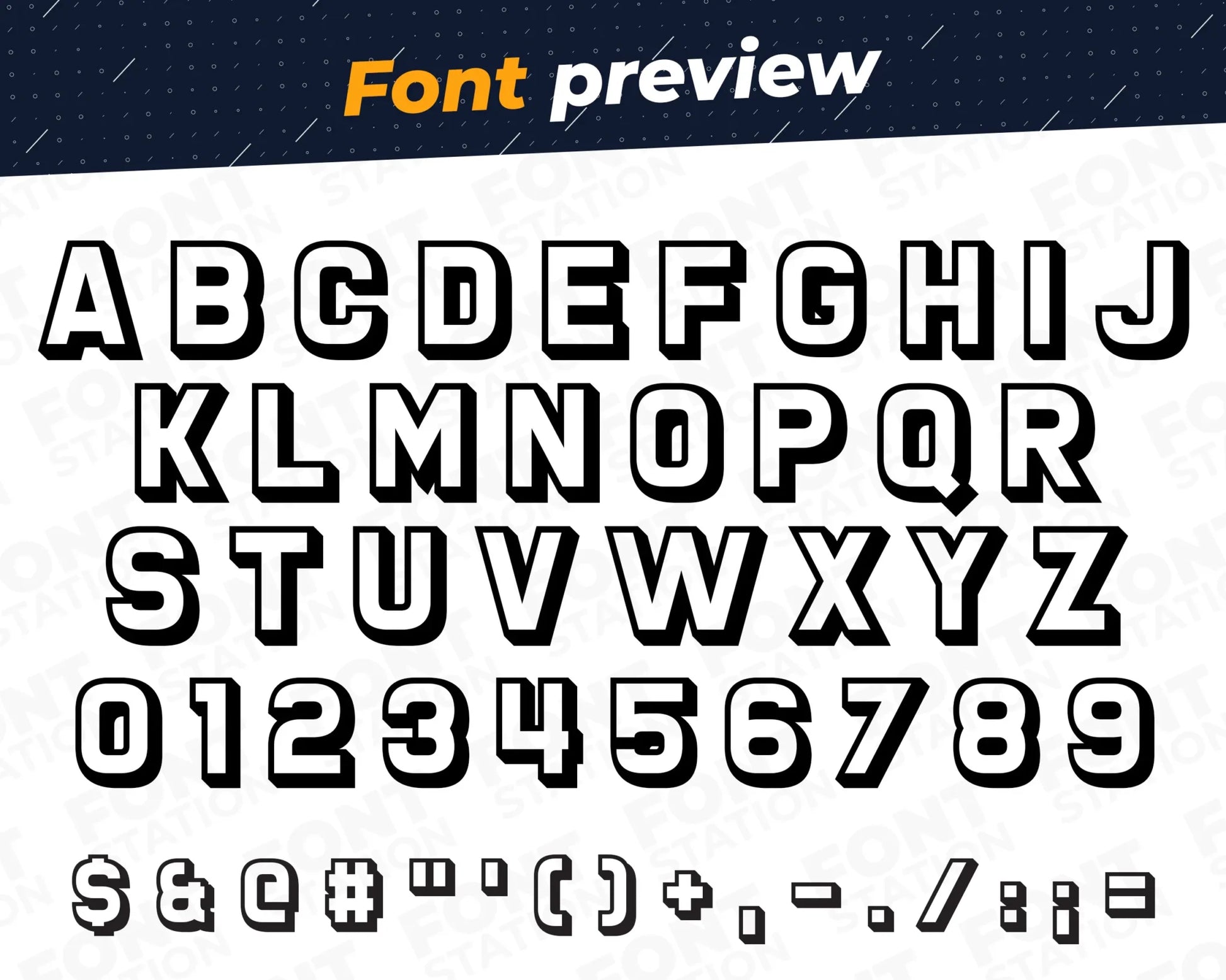 Image showing all characters available in the Shadow font created by FontStation.