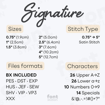 Image showing the different files formats, sizes, stitch type and available characters of the Signature Embroidery Font by FontStation