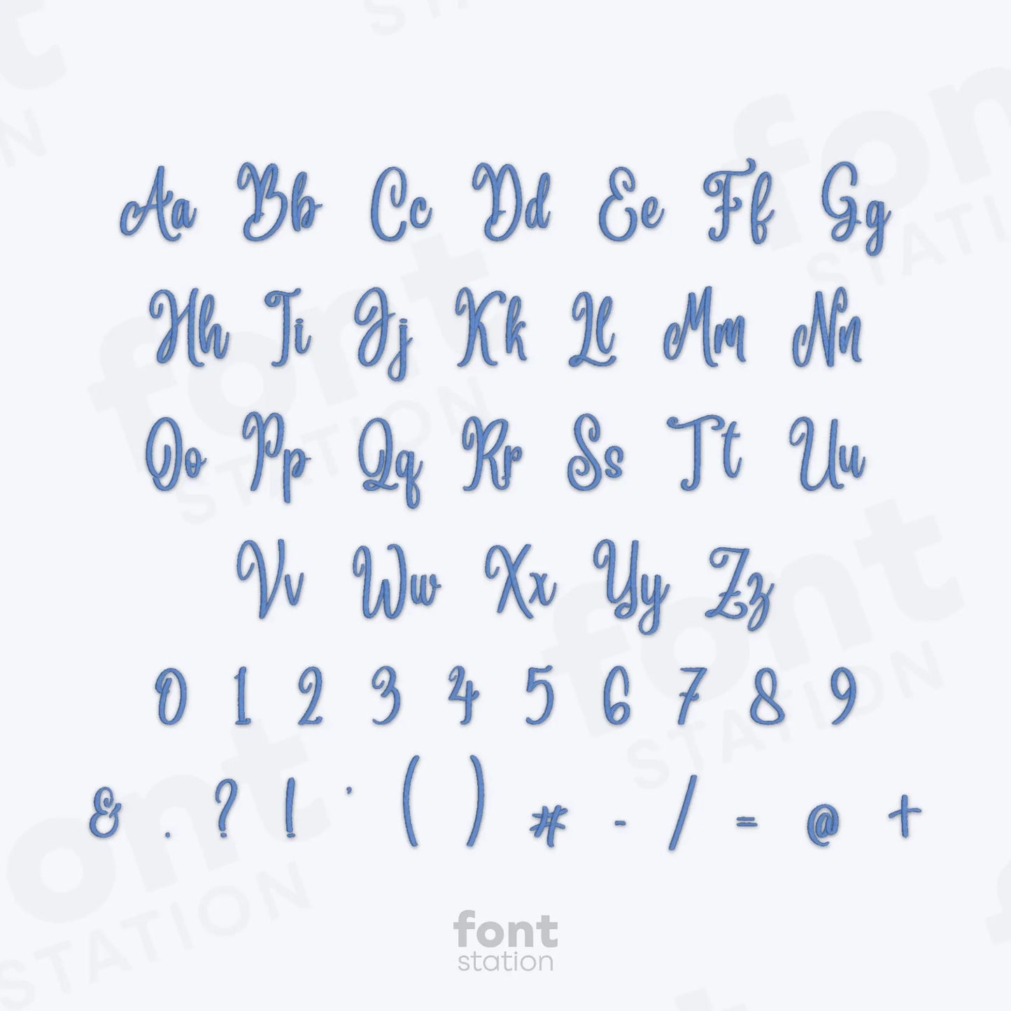 Alphabet, numbers and special characters using the Snowflake embroidery font on a white background