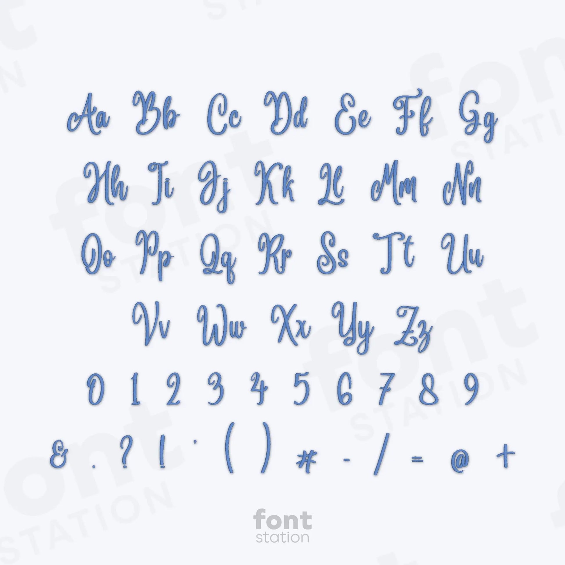 Alphabet, numbers and special characters using the Snowflake embroidery font on a white background