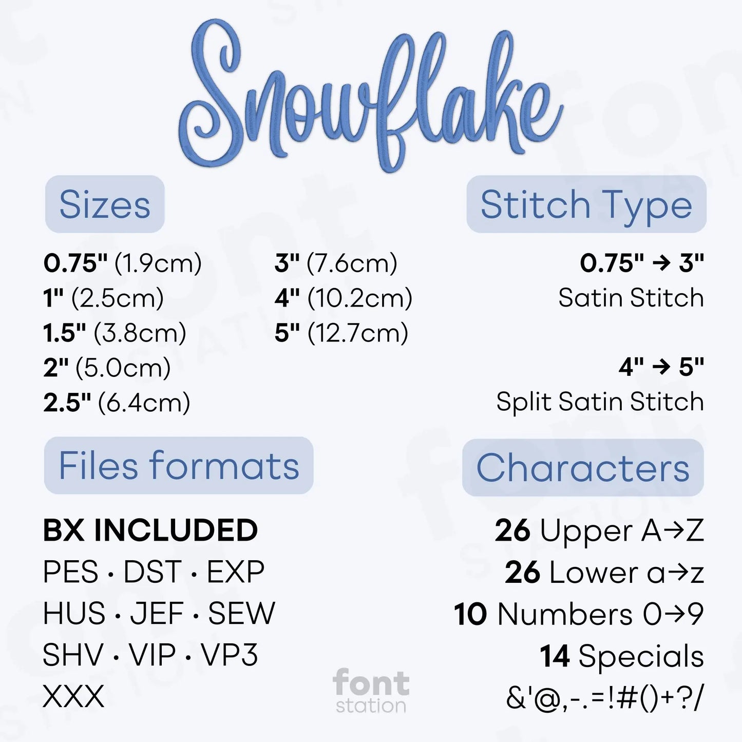 Image showing the different files formats, sizes, stitch type and available characters of the Snowflake Embroidery Font by FontStation