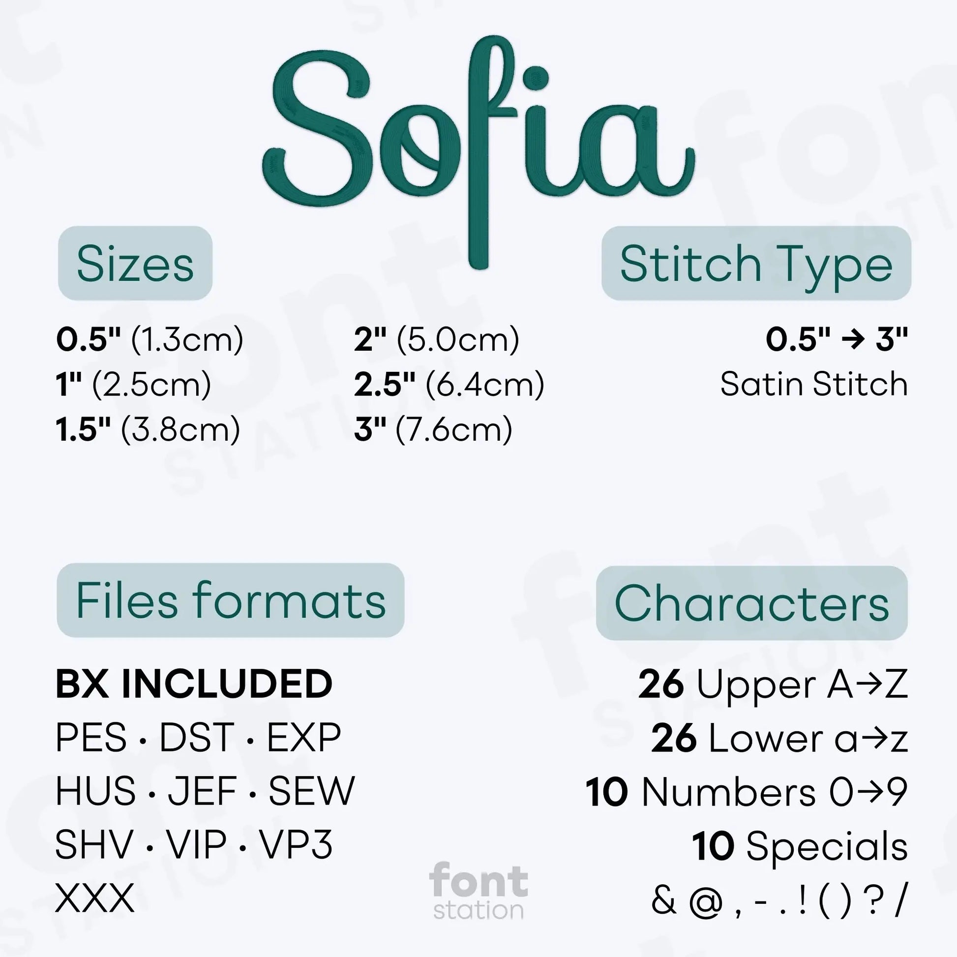 Image showing the different files formats, sizes, stitch type and available characters of the Sofia Embroidery Font by FontStation