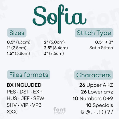 Image showing the different files formats, sizes, stitch type and available characters of the Sofia Embroidery Font by FontStation