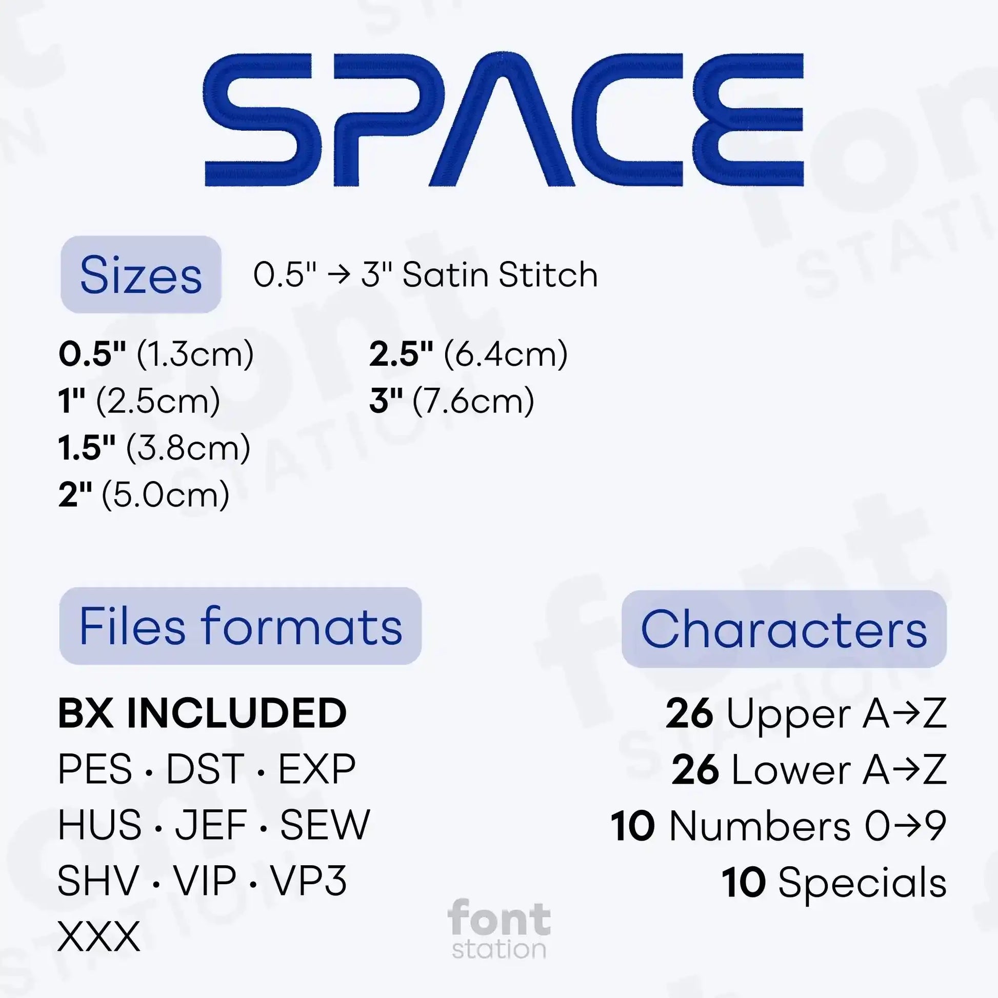 Image showing formats and sizes of the Space embroidery font created by FontStation