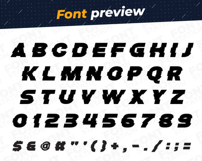Image showing all characters available in the Speed font created by FontStation.