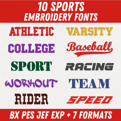 Main image of the Sports embroidery font bundle created by FontStation.