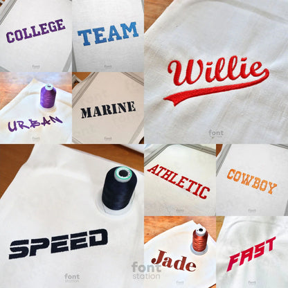 Image showing a word embroidered on textile using the Sports embroidery font bundle created by FontStation