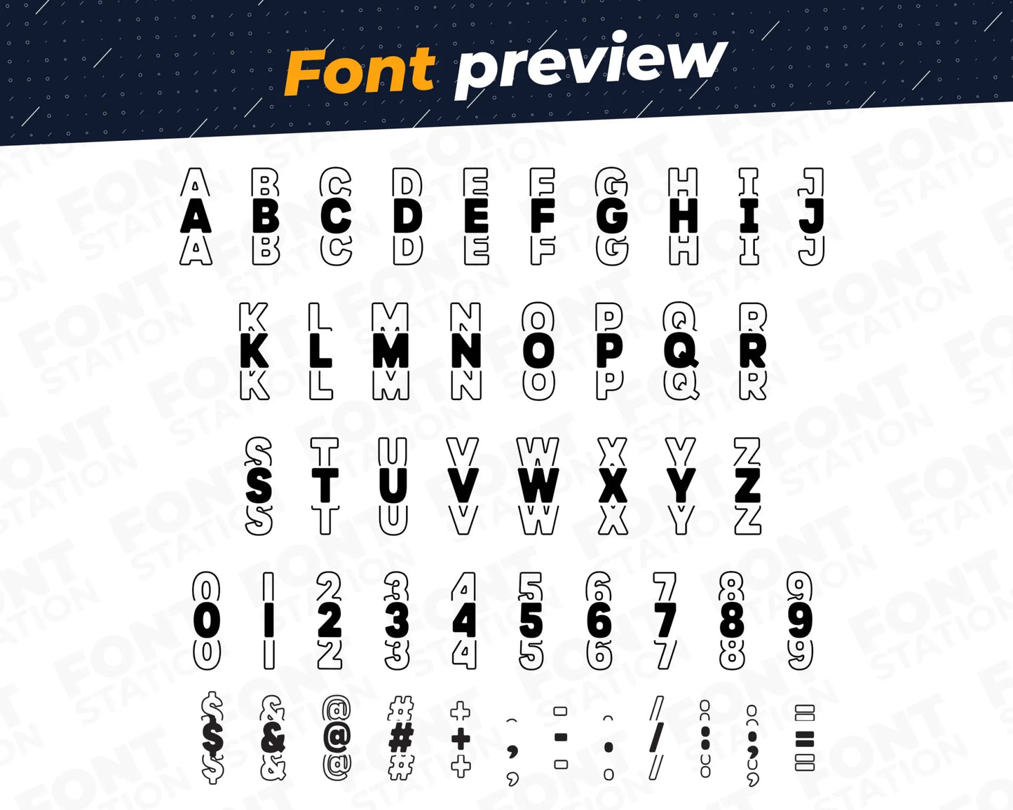Image showing all characters available in the Stacked font created by FontStation.