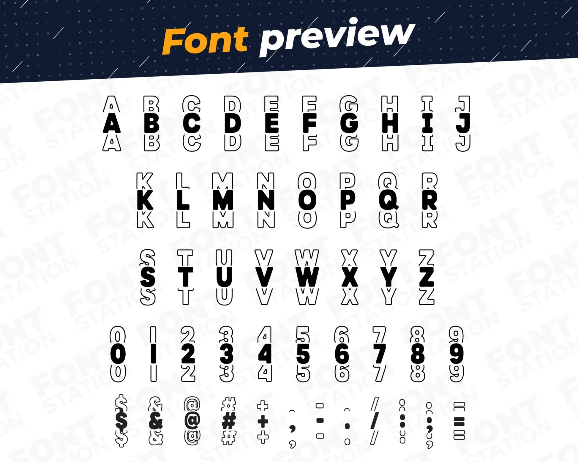 Image showing all characters available in the Stacked font created by FontStation.