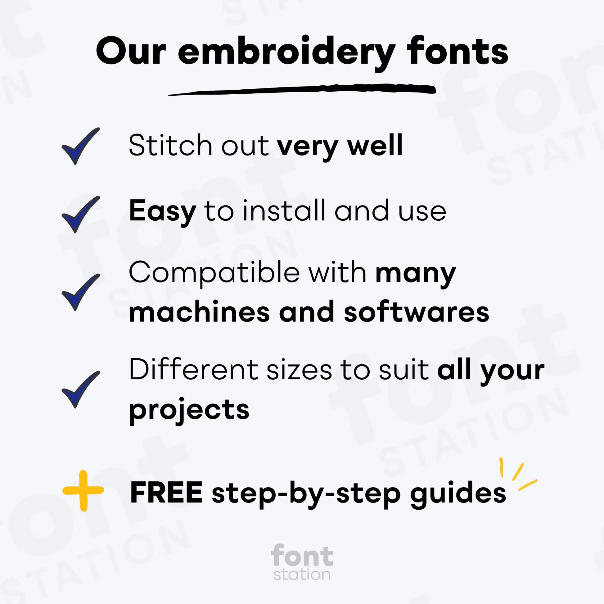 List of embroidery font features with checkmarks and a free guide icon on a light gray background.