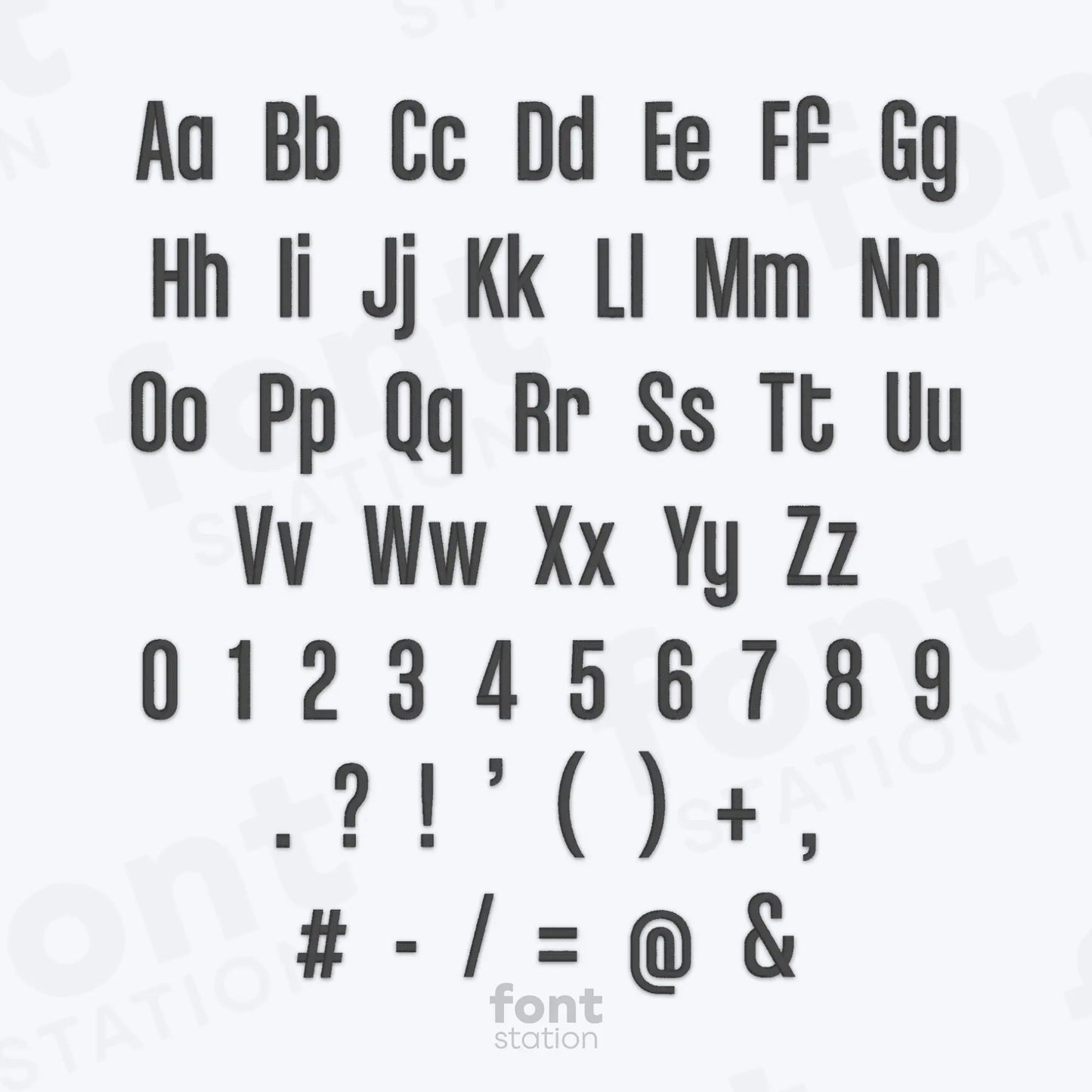 Alphabet, numbers and special characters using the Tall Block embroidery font on a white background.