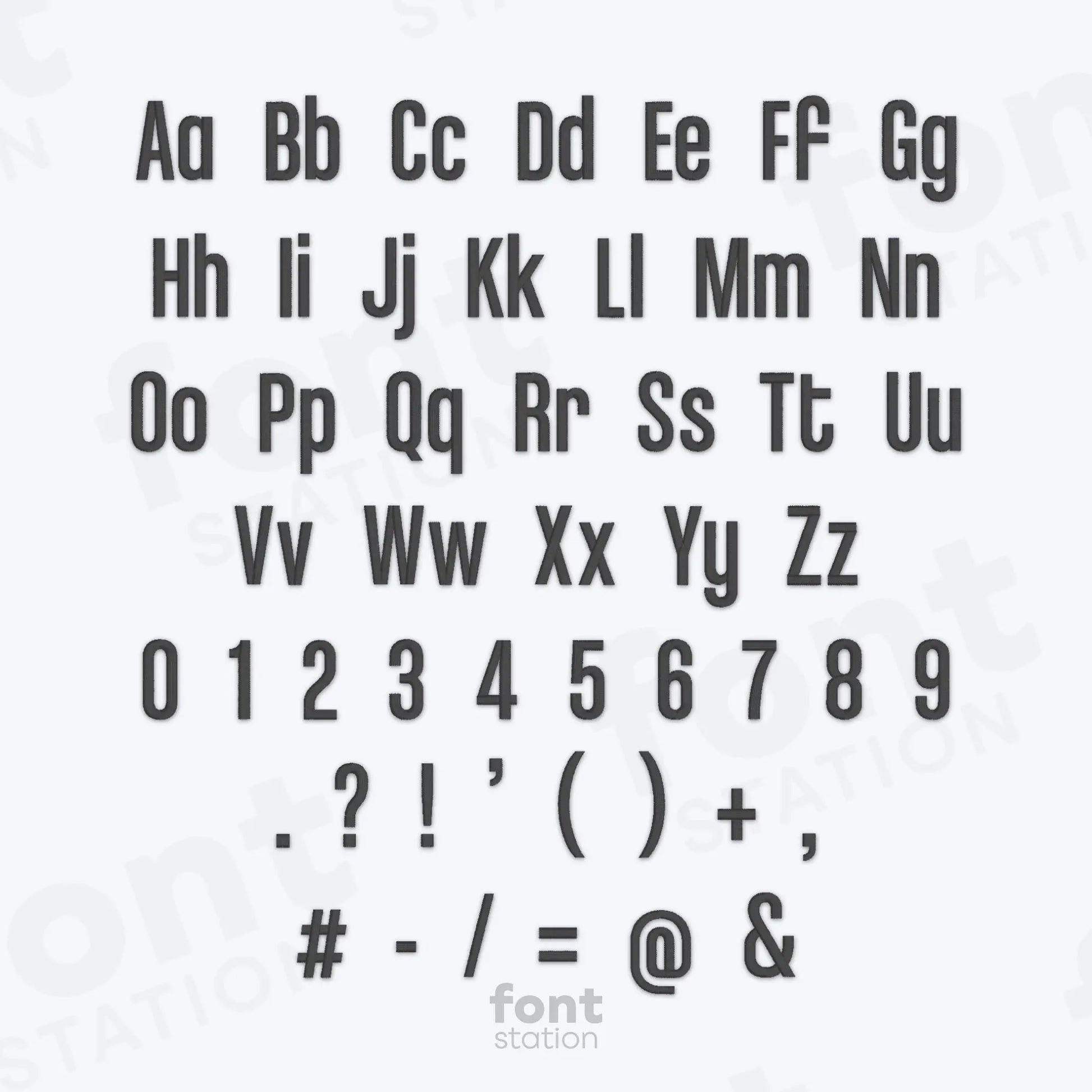 Alphabet, numbers and special characters using the Tall Block embroidery font on a white background.