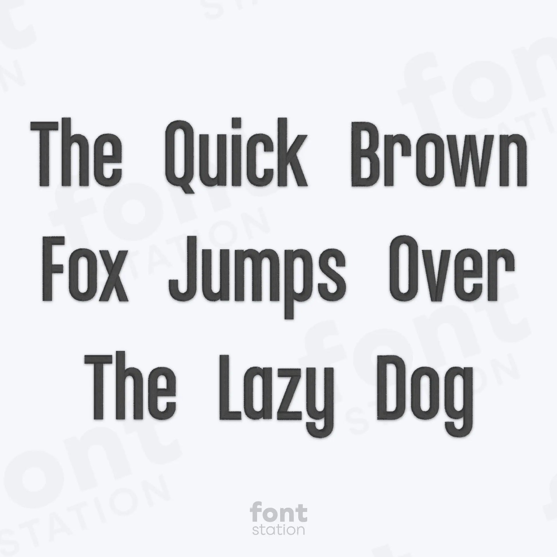 Text 'The Quick Brown Fox Jumps Over The Lazy Dog' using the Tall Block embroidery font on a white background with 'font station' branding.
