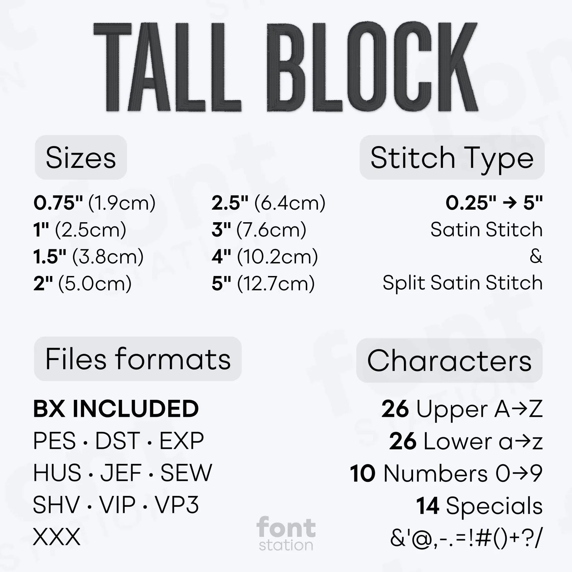 Image showing the different files formats, sizes, stitch type and available characters of the Tall Block Embroidery Font by FontStation