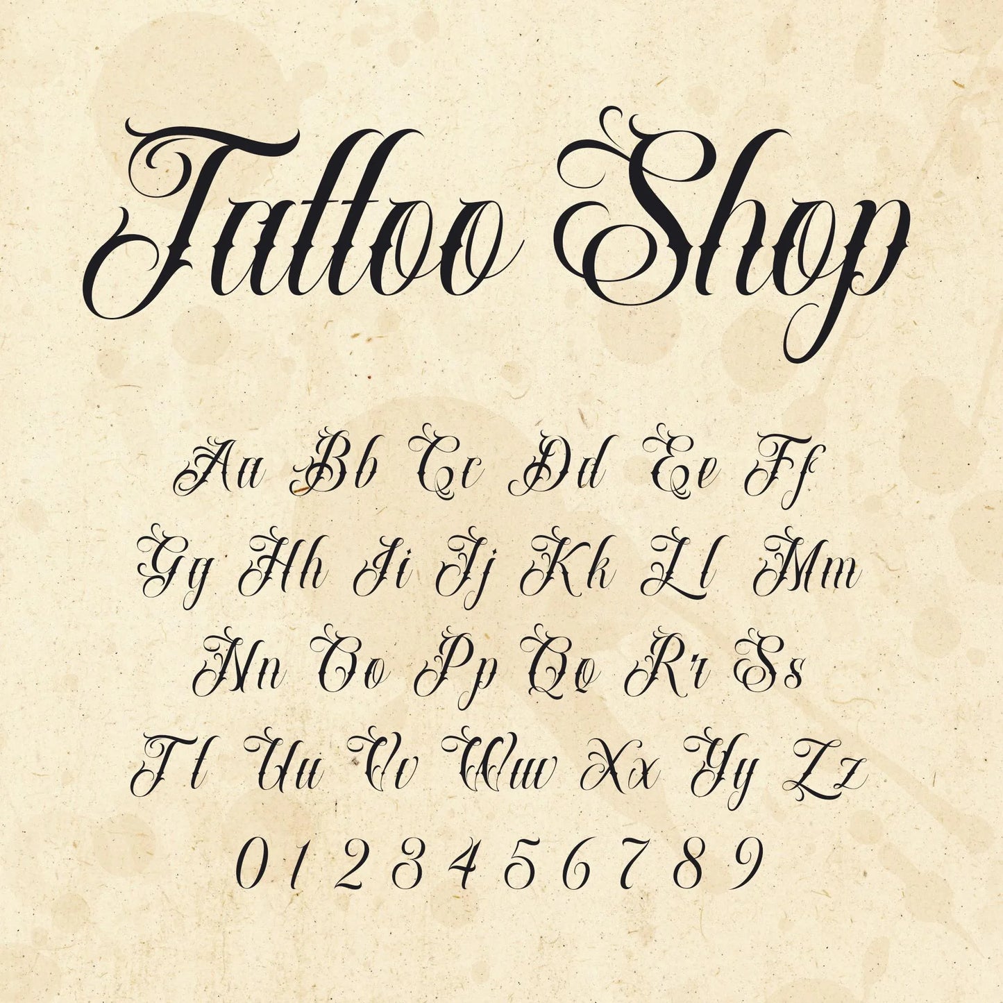 Image showing all characters available in the Tattoo Shop font created by FontStation.