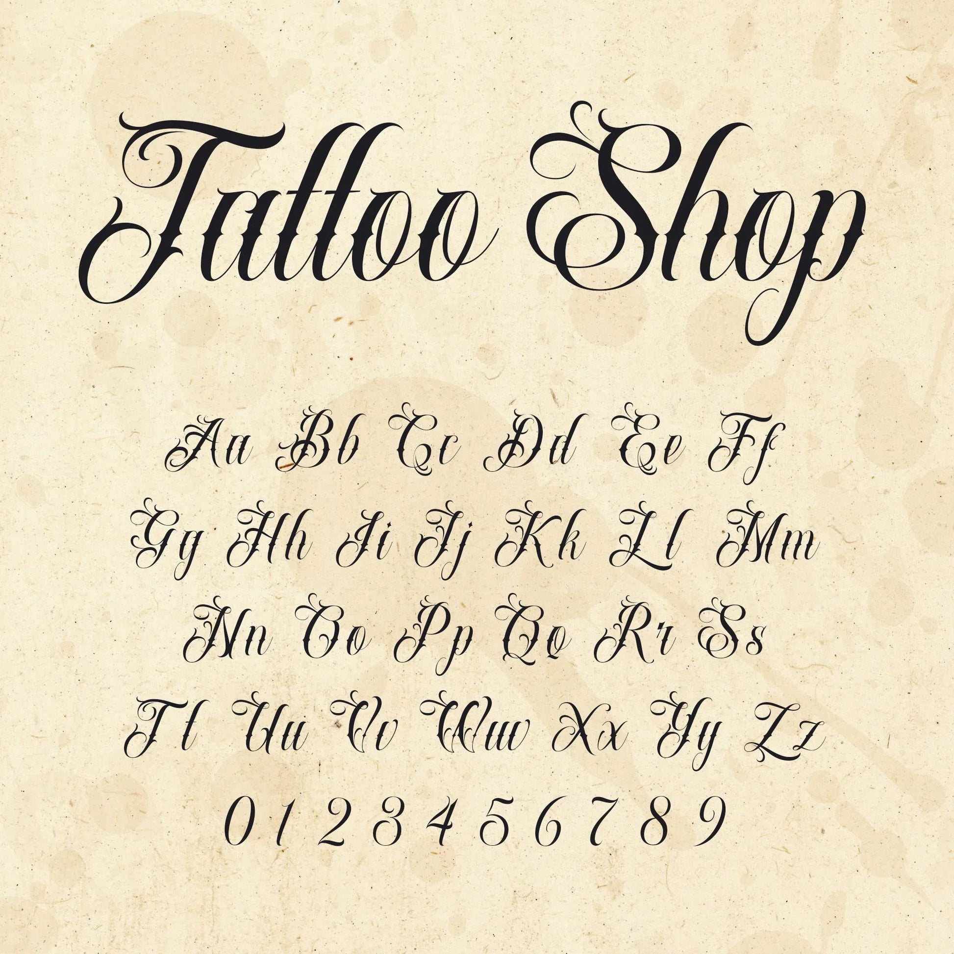 Image showing all characters available in the Tattoo Shop font created by FontStation.