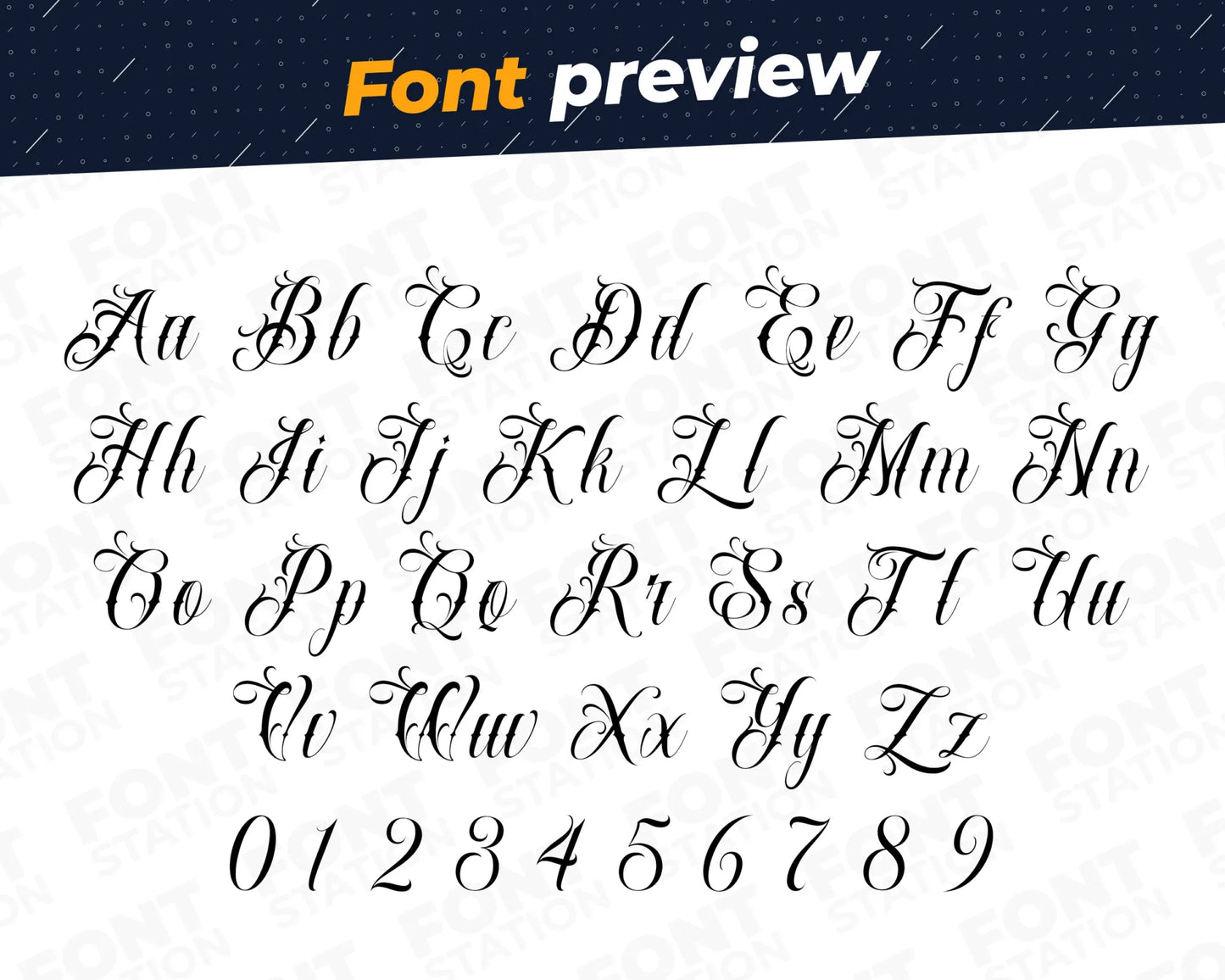 Image showing all characters available in the Tattoo Shop font created by FontStation.
