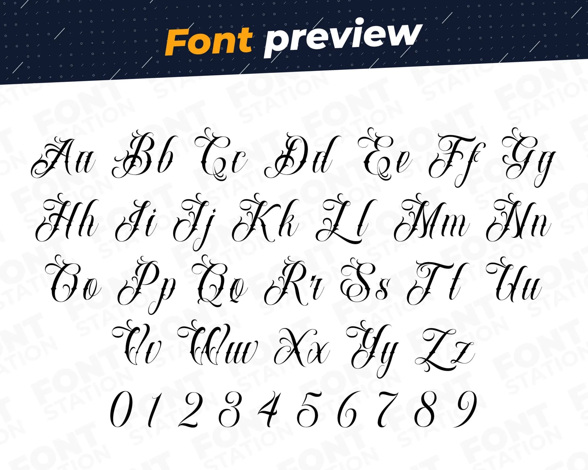 Image showing all characters available in the Tattoo Shop font created by FontStation.