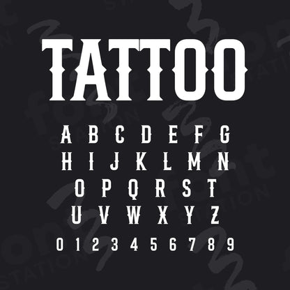 Image showing all characters available in the Tattoo Studio font created by FontStation.