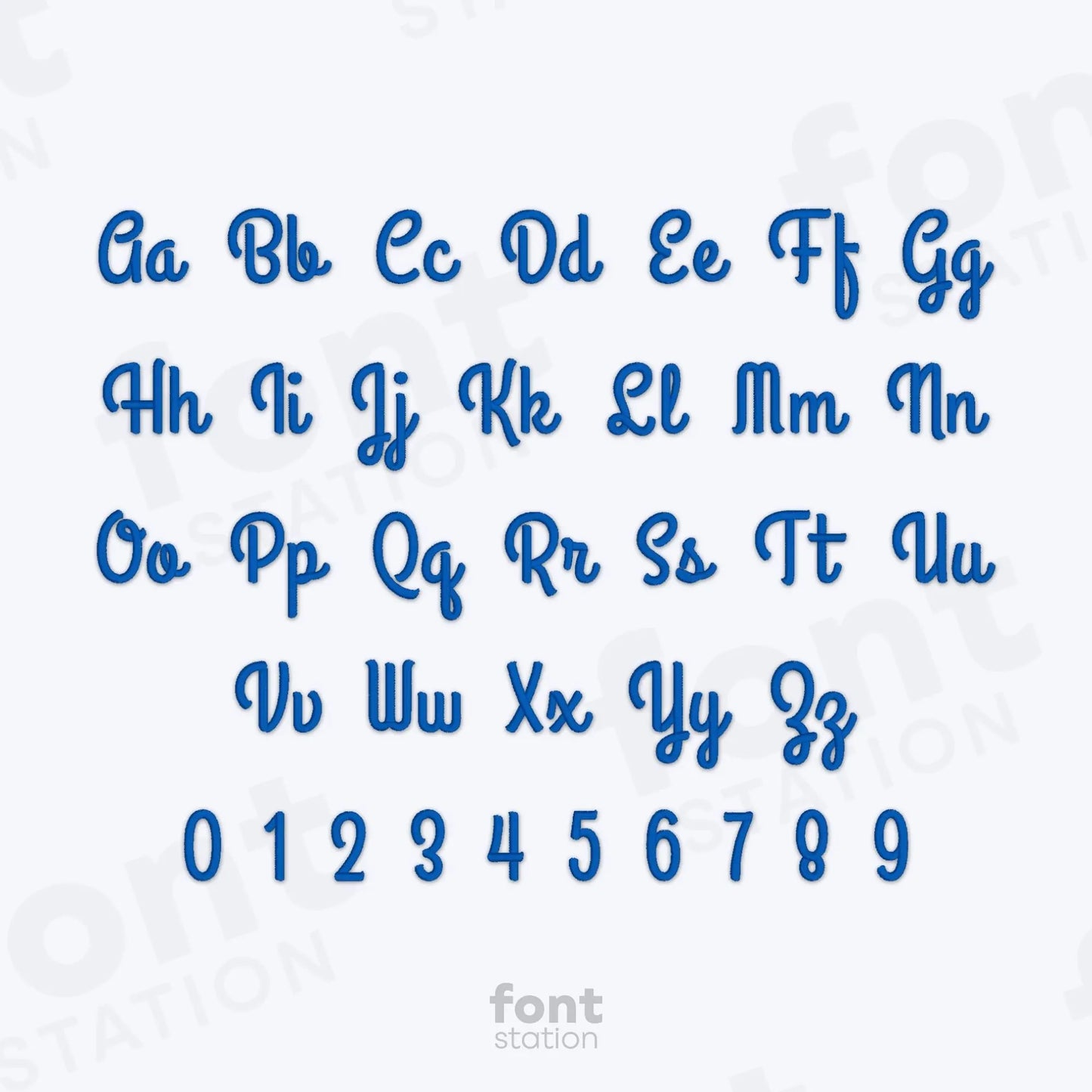 Alphabet, numbers and special characters on a white background using the Thick Script embroidery font by FontStation.