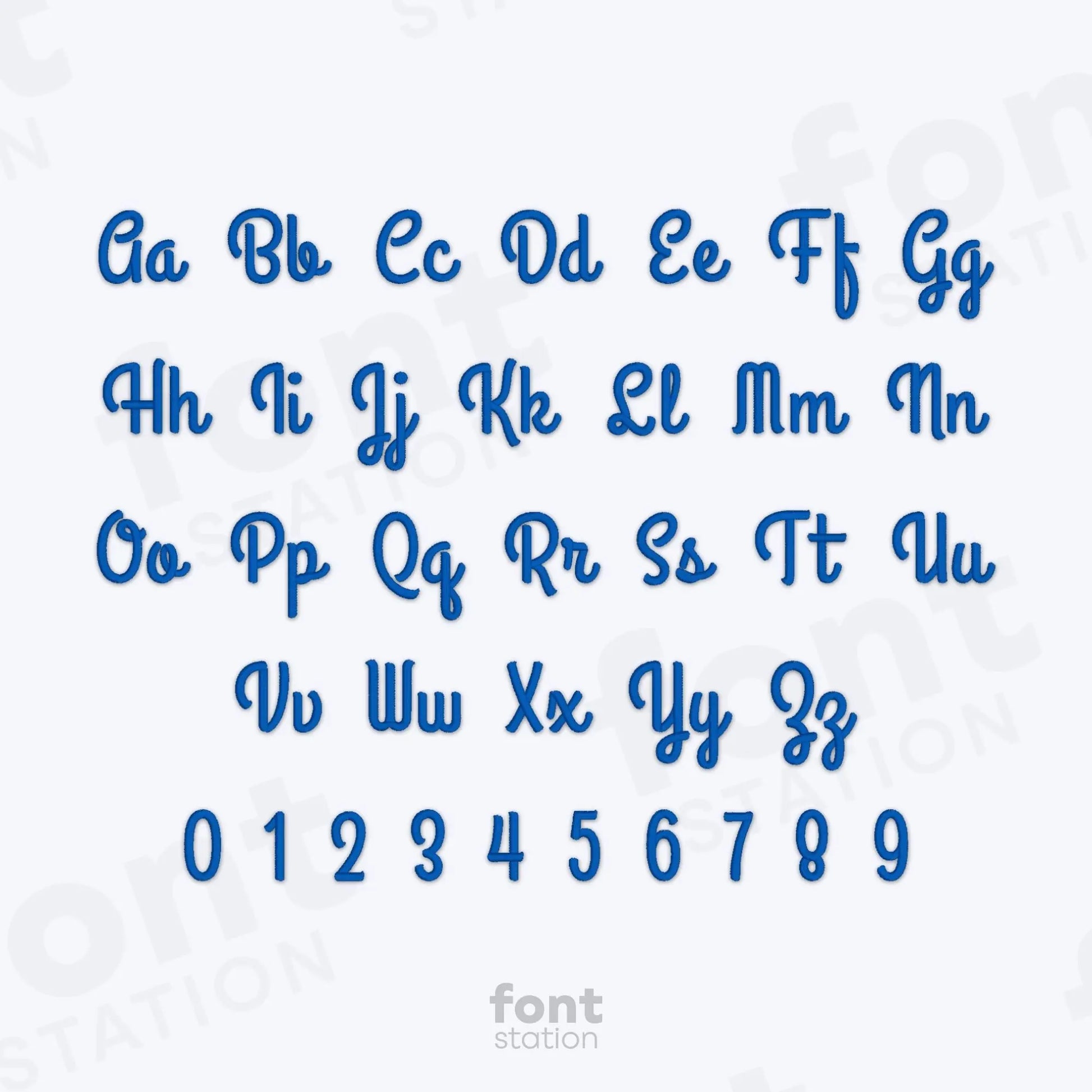 Alphabet, numbers and special characters on a white background using the Thick Script embroidery font by FontStation.